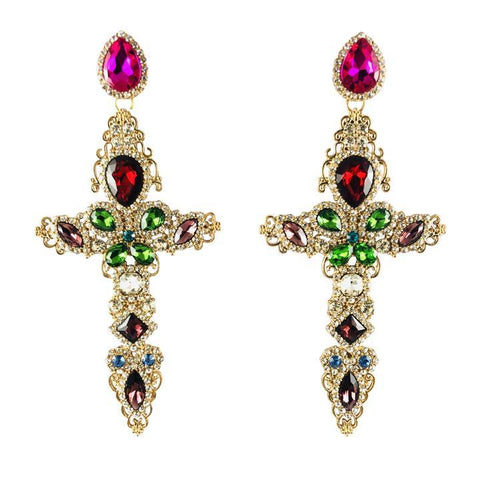 Kredence Jewel Encrusted Cross Dangle Stud Earrings