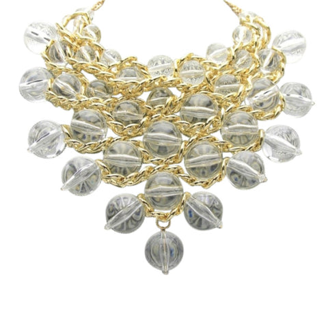 Mist Clear Lucite Gold Beaded Statement Bib Necklace