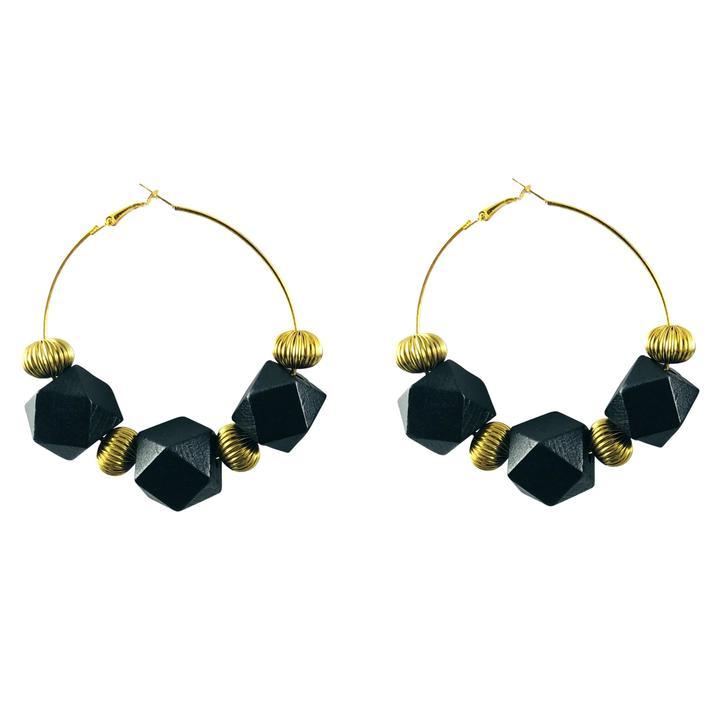 Kryptik Vintage Geometric Cube Gold Hoop Earrings - Black