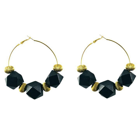 Kryptik Vintage Geometric Cube Gold Hoop Earrings - Black