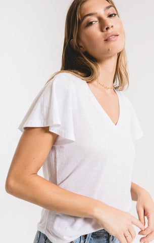 Tri-Blend Flutter V-Neck - "White"